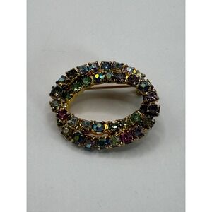 Vintage Gold Tone Multi-Color Rhinestone Oval Brooch